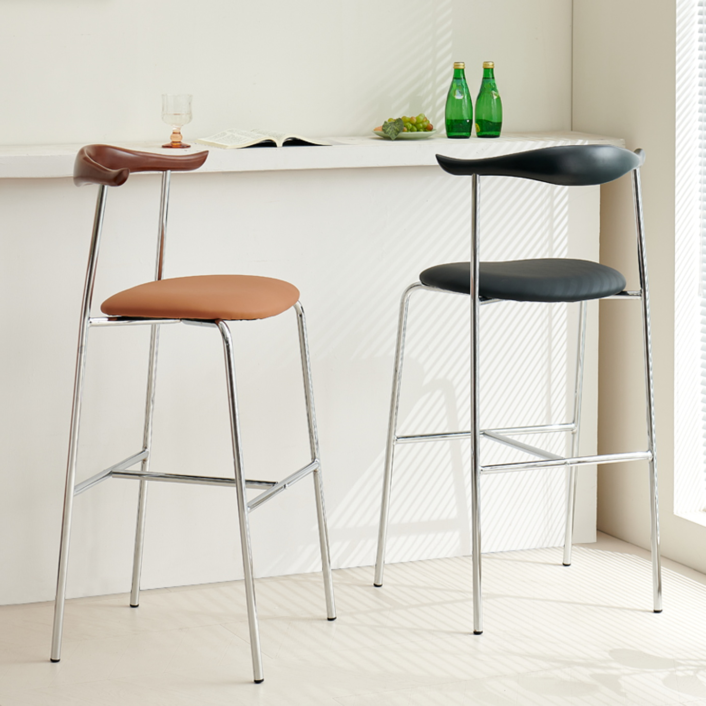 Art Deco Rawhide Pub Stool in Black/Chalk/Tan with Backrest Rectangular Seat and Foot Support