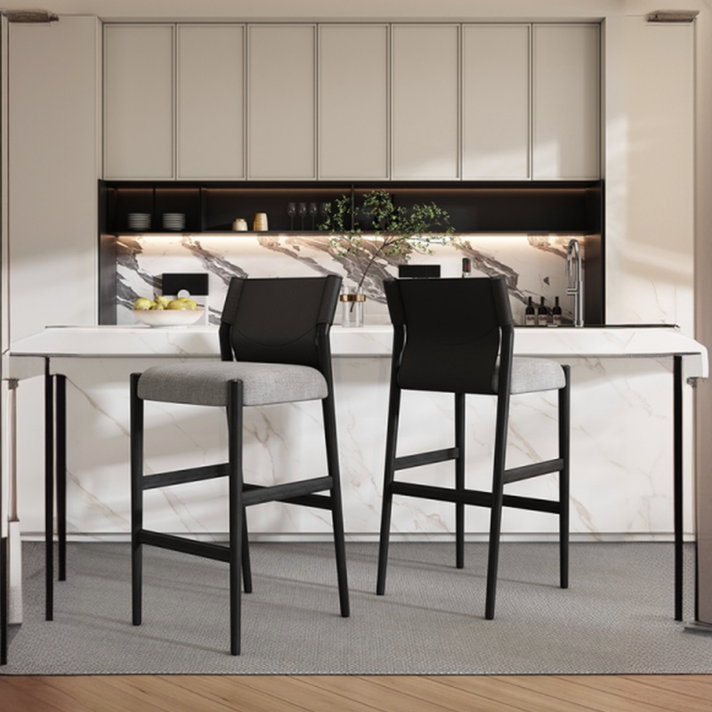 Art Deco Caramel Upholstered Pub Stool with Backrest and Quadrilateral Seat, Featuring Foot Support