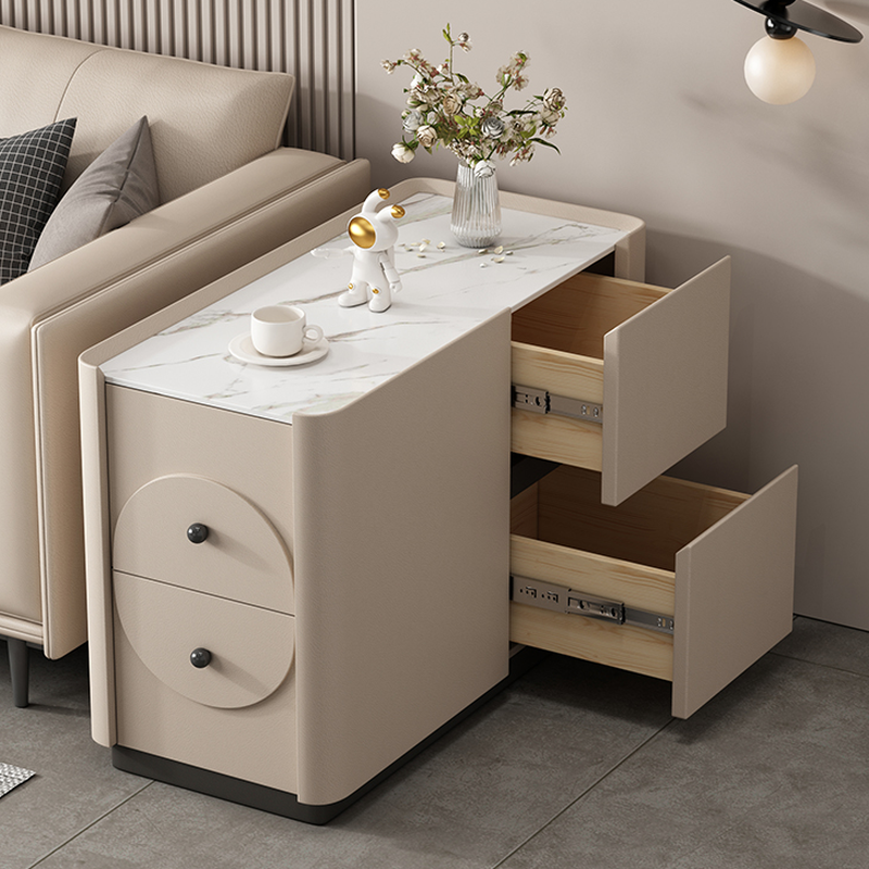 Simplistic Rectangular White Sintered Stone Drink Table Only with Frame and 2 Drawers