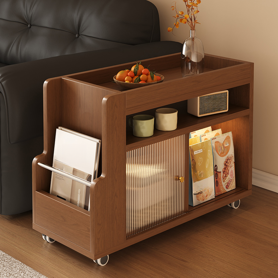Wheeled Midnight Black/Chalk/Auburn Engineered Wood Rectangular Tray Top Drink Table with Wheel Base and Closet