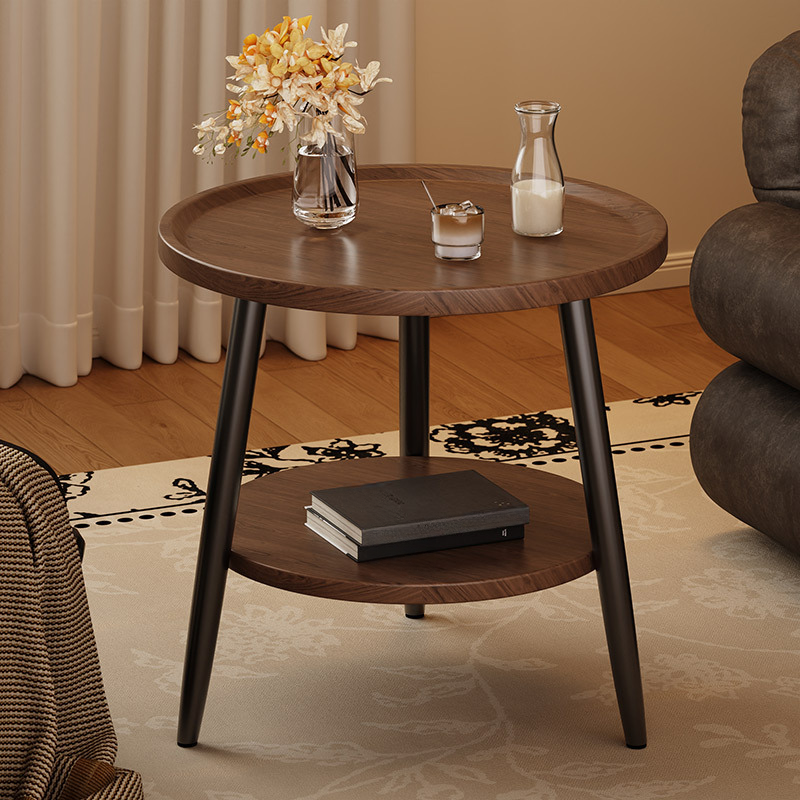 Simplistic Circular-shaped Reclaimed Wood Drink Table with 3 Legs, Tray Top, and Shelf