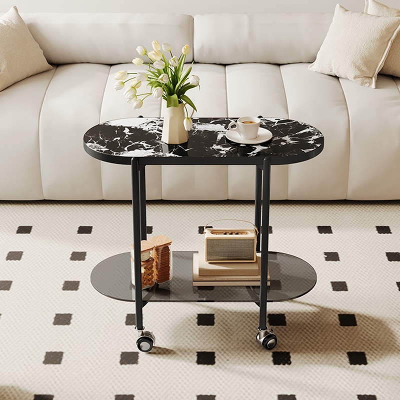 Simplistic Drink Table Only with Sintered Stone Top and Wheeled Wheel Base, Elliptical Shape with Shelf