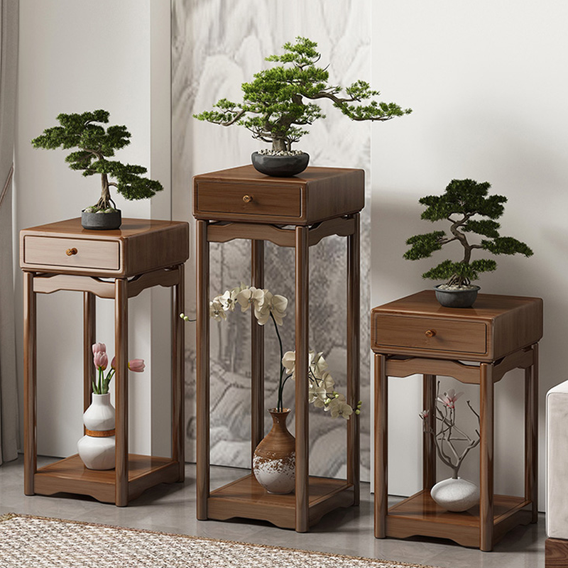 Contemporary Rectangle/Square Wooden Plant Stand Table with Compartment for Ground Installation