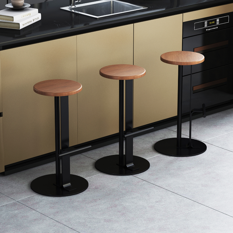 Art Deco Black/Gray/Auburn Rawhide/Timber Round Top Pub Stool with Foot Support