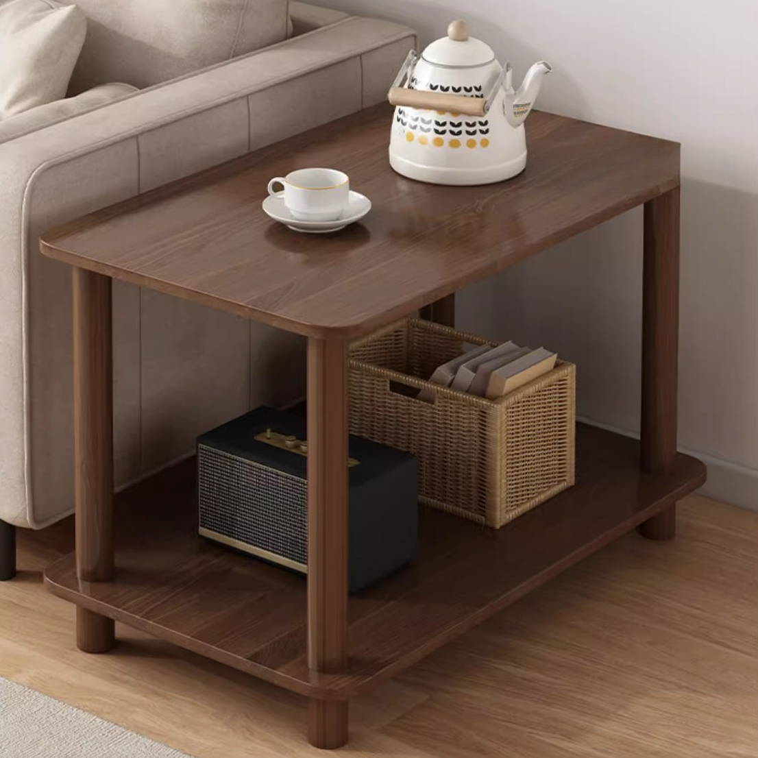Simplistic Rectangular/Square Timber Drink Table Only with White/Auburn/Natural 4 Legs and Shelf
