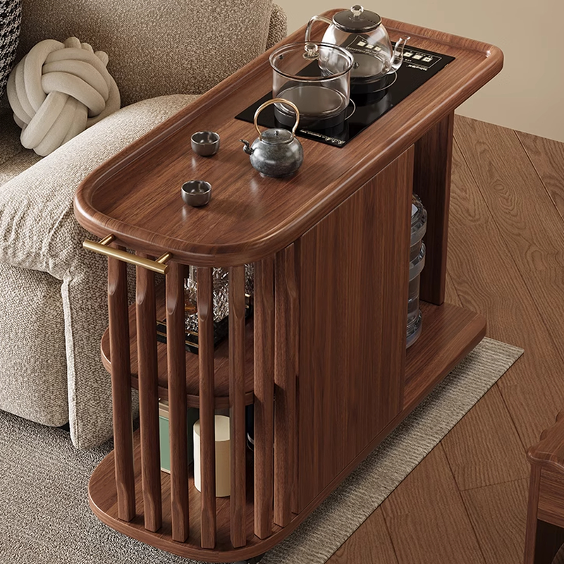 Asymmetrical Wheeled Drink Table with Timber, Auburn Colour, Tray Top and Shelf