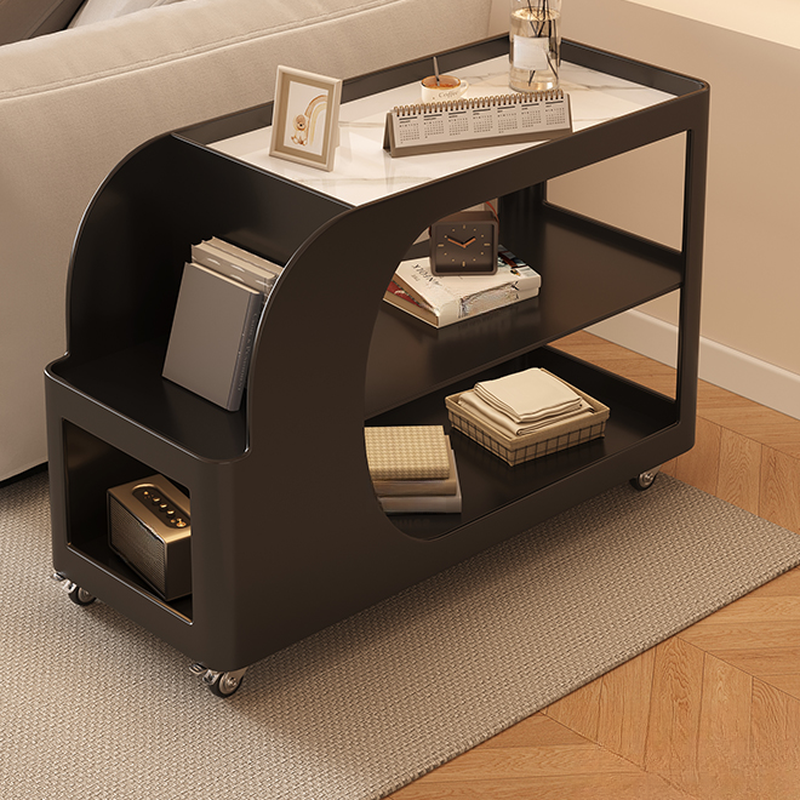 Wheeled White Drink Table with Rectangular Tray Top, Shelf, and Magazine Rack