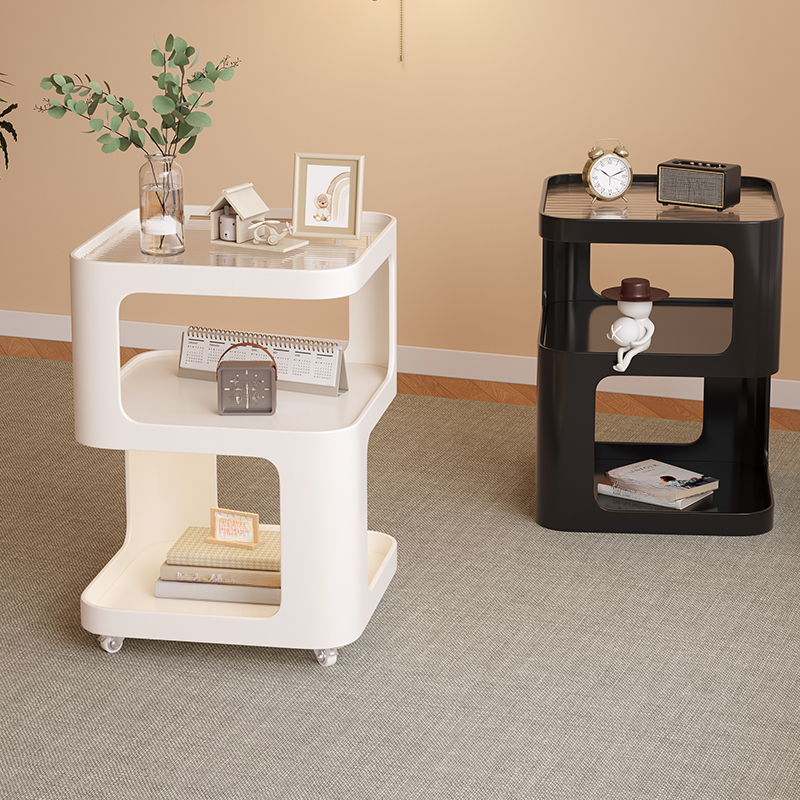Transparent Glass Square Tray Top Drink Table with Wheeled Shelf
