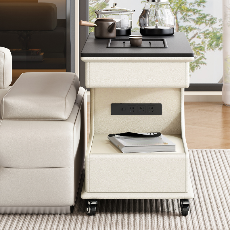 Wheeled Ink Drink Table with Rectangular Shape, Shelf, Drawer, and Closet