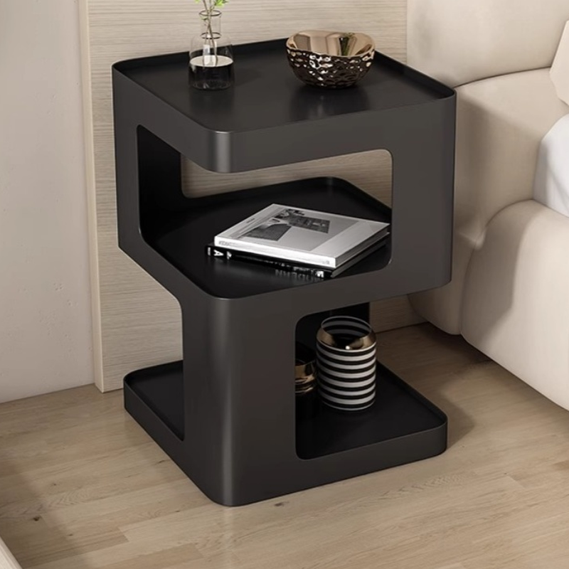 Simplistic Iron Drink Table with Block Base, Ink/White Square Tray Top and Shelf