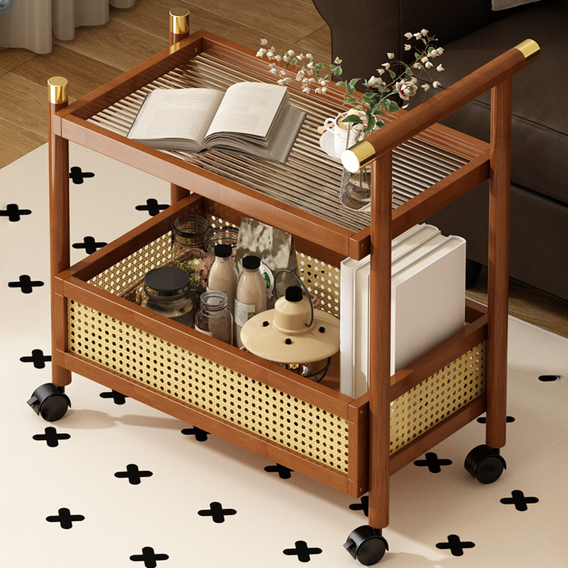 Auburn/Transparent Rectangular Tray Top Drink Table with Wheeled Shelf