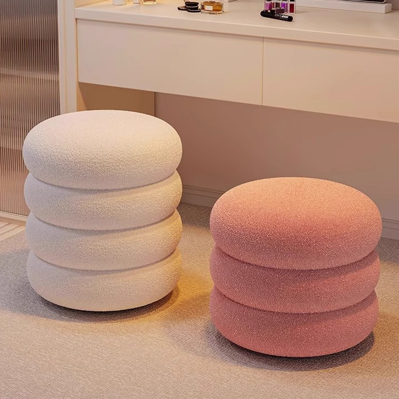 Modish Rounded Solid Colour Standard Ottoman in Sherpa with Gray/Rose/Beige Upholstery