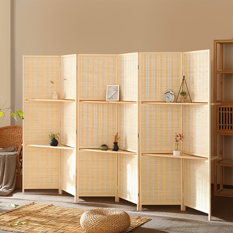 Unfinished Opaque Collapsible Room Partition Wall with Shelf and Bambusa Standalone Design with 3/5/6 Panels