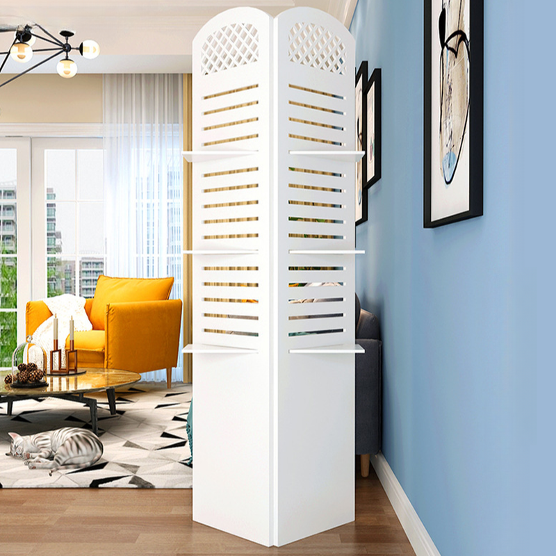 Room Partition Wall in Chalk, Translucent Collapsible with Shelf, 7 Panels/3 Panels/5 Panels Manufactured Wood Standalone