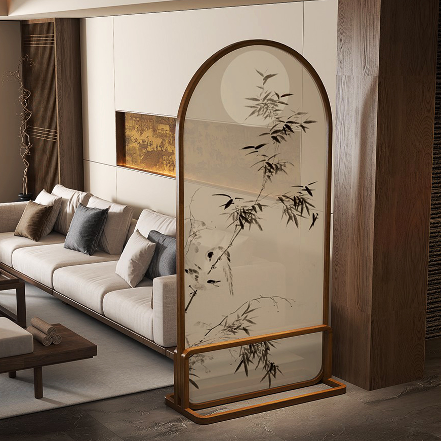 Room Partition Wall in Cocoa, Simplistic Style with Translucent Single Panel, Standalone Gauze Design