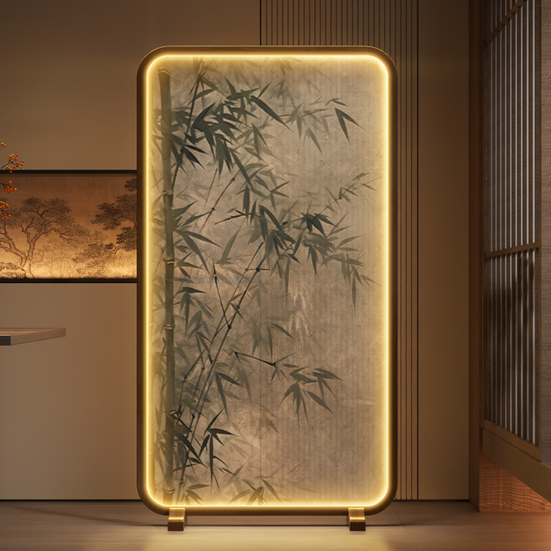 Room Partition Wall in Rustic Brown with Simplistic Style, Translucent Single Panel Gauze, Standalone