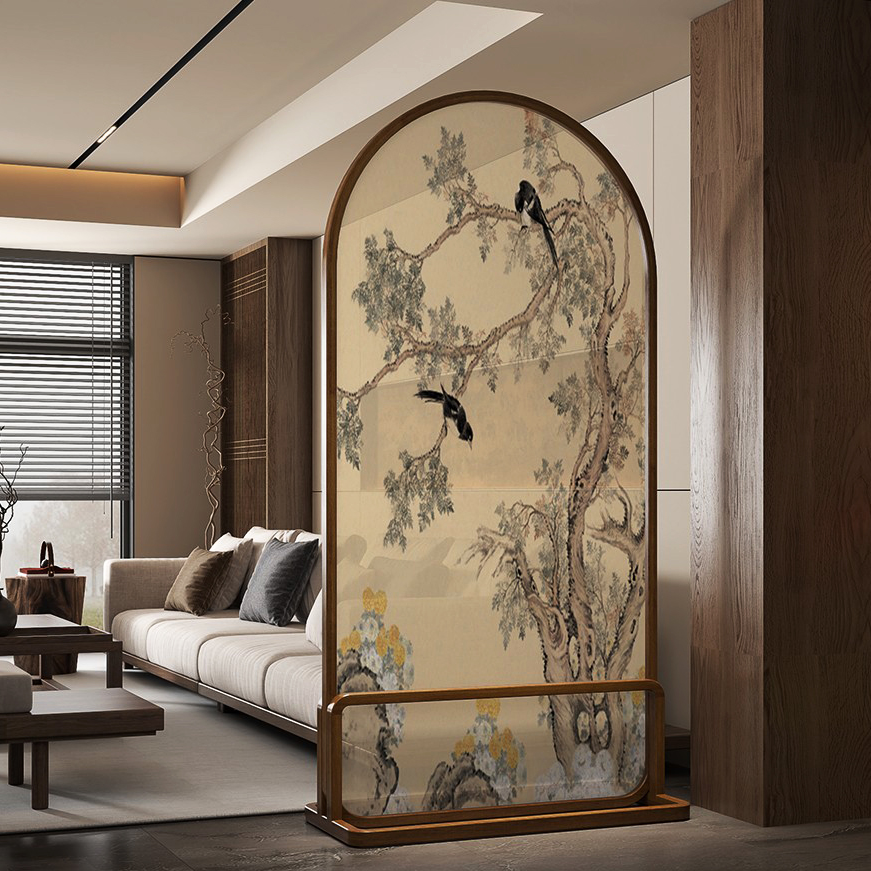 Room Partition Wall in Rustic Brown, Simplistic Style with Translucent Light Filtration, Single Panel Gauze Standalone