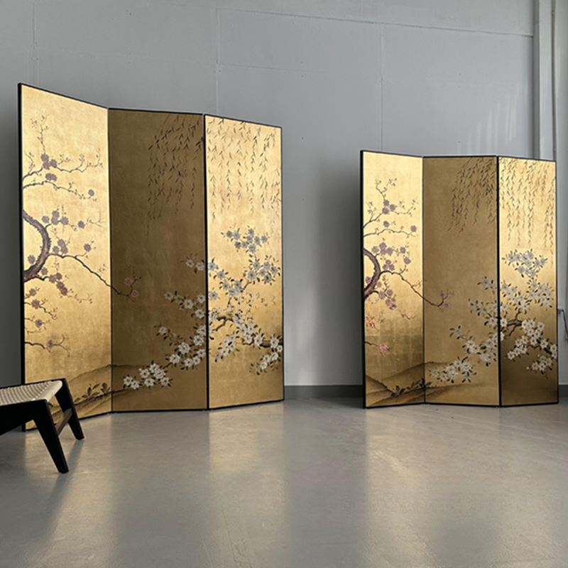 Antique Brass Opaque Double Sided Print Collapsible Room Partition Wall with 3 Panels Timber Standalone