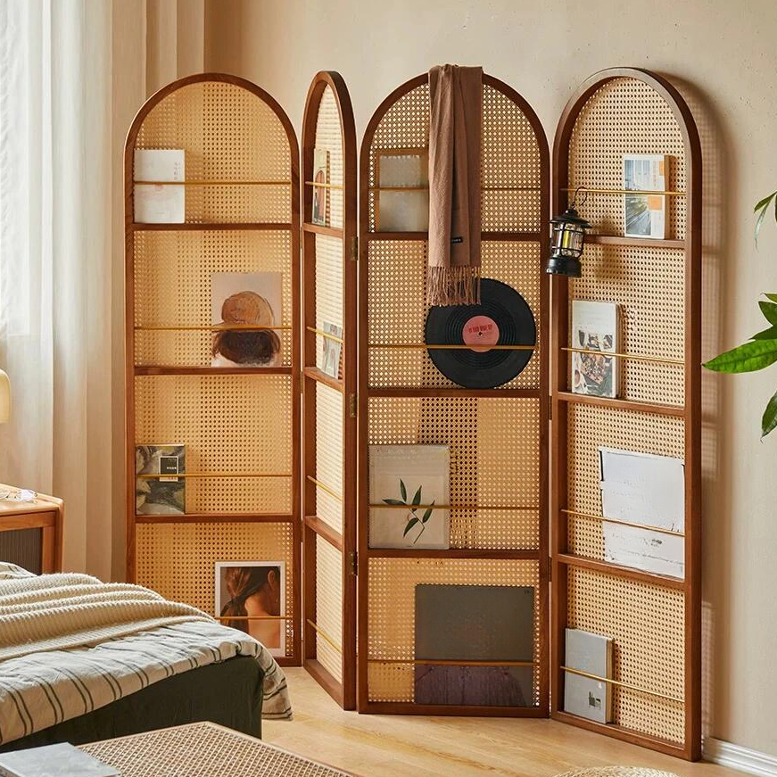 Simplistic Translucent Collapsible Room Partition Wall with Shelf Cane Standalone