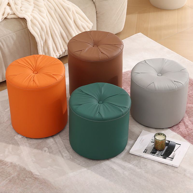 Modish Rounded Solid Colour Standard Ottoman in Pleather with Light Gray/Chalk/Light Brown Button-tufted Upholstery