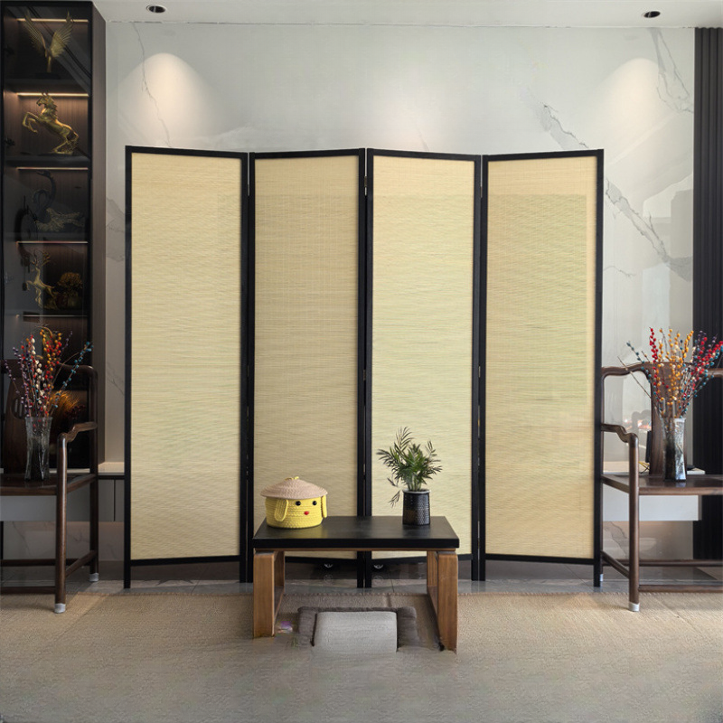 Room Partition Wall: Black Simplistic Translucent Collapsible 4 Panels Bambusa Standalone