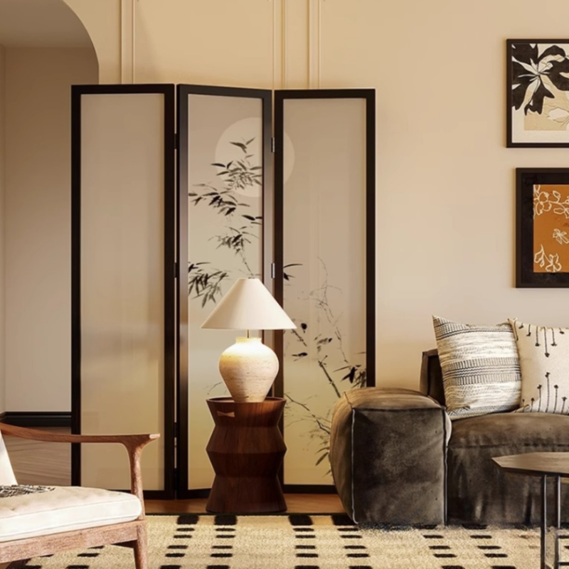 Room Partition Wall in Simplistic Style for Indoor Use, Translucent Hanging Design with 3 Panels, Gauze Screen, Standalone