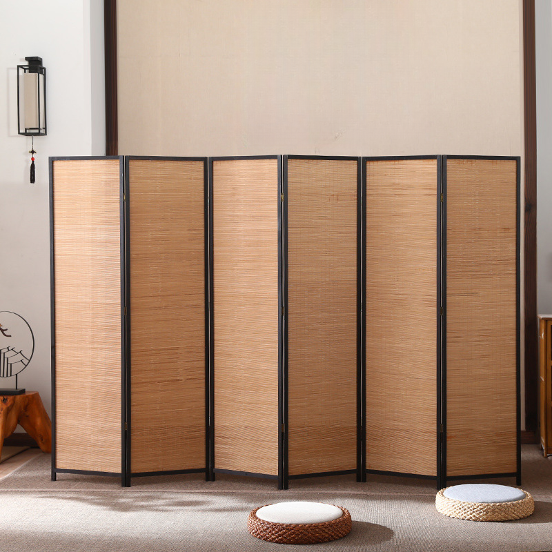 Room Partition Wall in Black, Simplistic Style, Translucent Collapsible, 6 Panels Bambusa Standalone