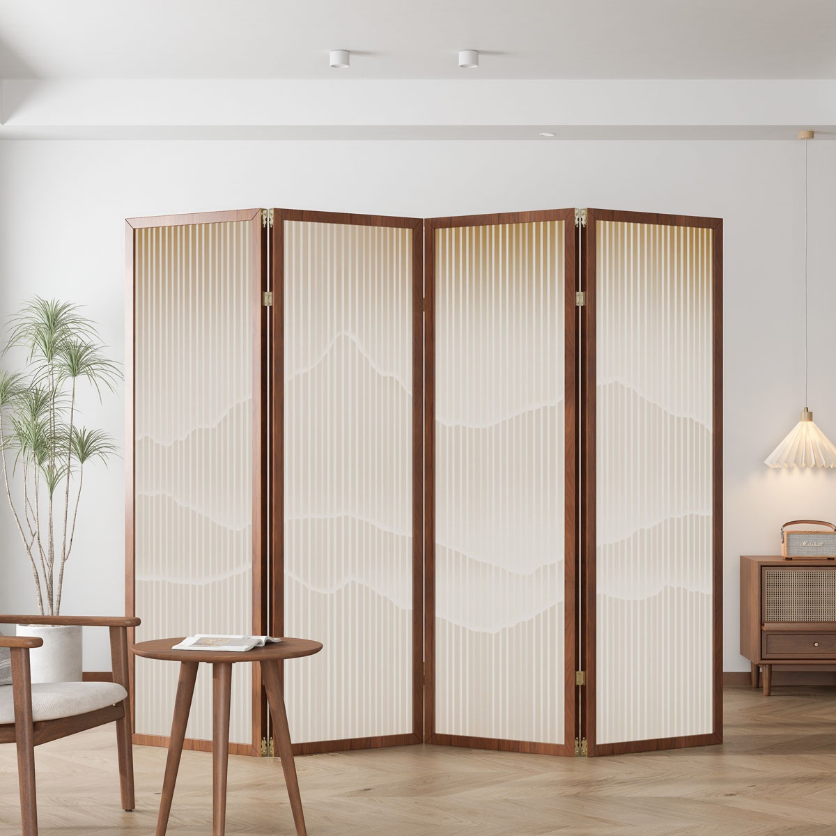 Room Partition Wall in Cocoa, Translucent Collapsible with 4/3/1 Panels, Double Sided Print Gauze, Standalone