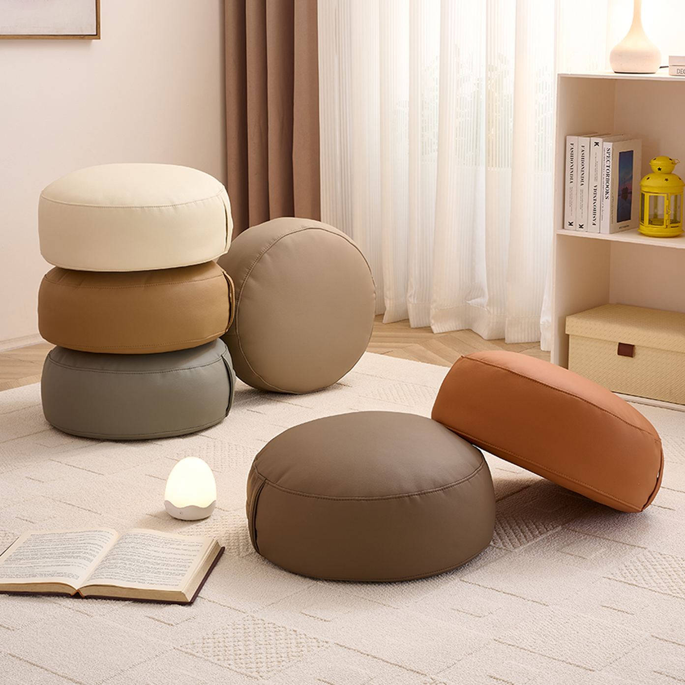 Modern Simple Style Orbicular Solid Colour Pouf in Genuine Leather with Ink/Auburn/Ivory Upholstery and Removable Cushion Cover