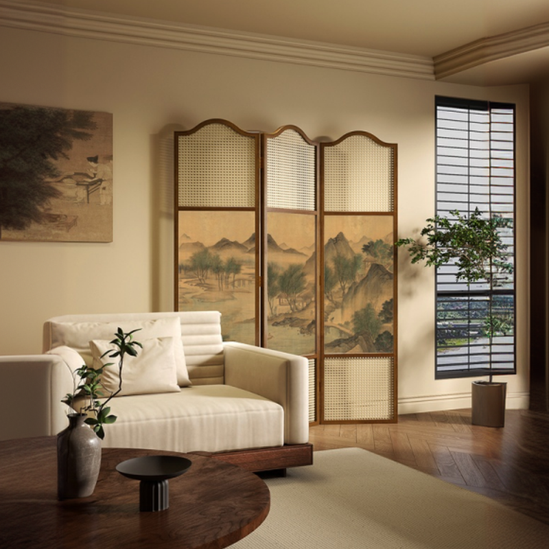 Rustic Brown Translucent Collapsible Room Partition Wall with 3 Panels and Double Sided Print Gauze - Standalone