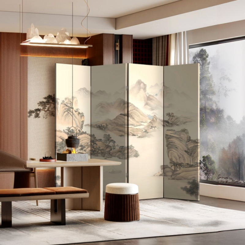 Room Partition Wall with Simplistic Style for Indoor Use, Opaque Collapsible Design with Lumber Frame, 4 Panels, Standalone