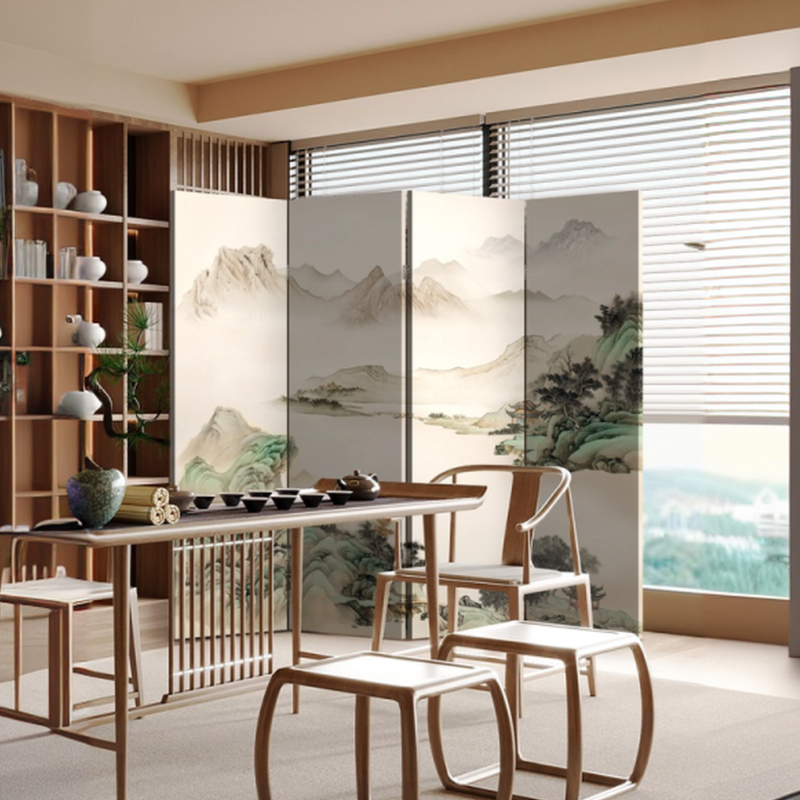 Simplistic Opaque Collapsible Room Partition Wall with Manufactured Wood, 4 Panels Double Sided Print Standalone