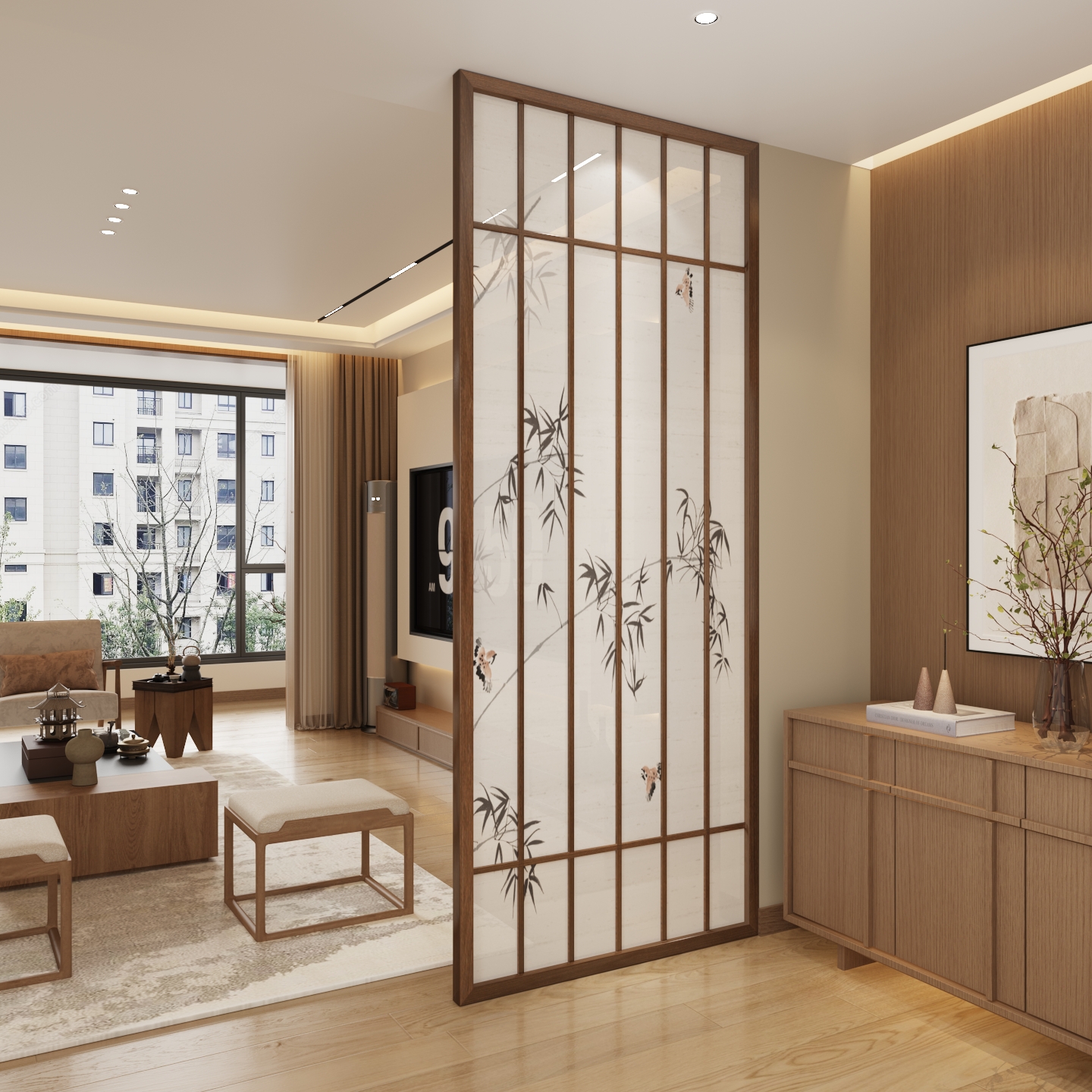 Dark Brown Translucent Single Panel Room Partition Wall with Pine and Double Sided Print Standalone Design