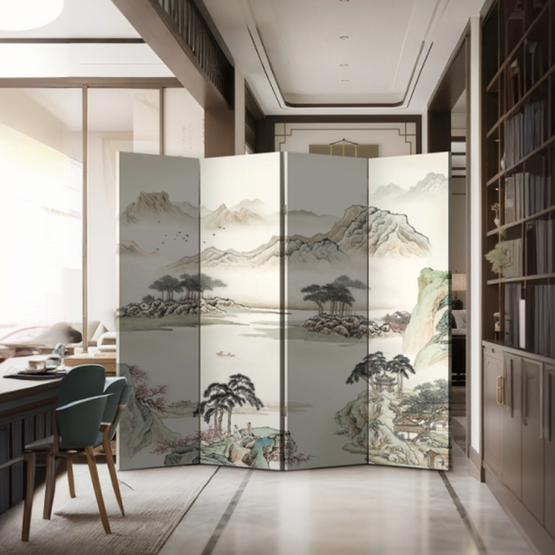 Room Partition Wall in Simplistic Style with Opaque Light Filtration, Collapsible Manufactured Wood, 4 Panels, Double Sided Print, Standalone
