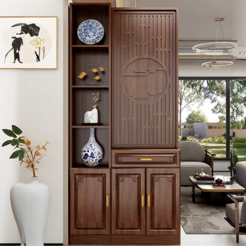 Cocoa Opaque Single Panel Room Partition Wall with Timber Shelf and Standalone Design