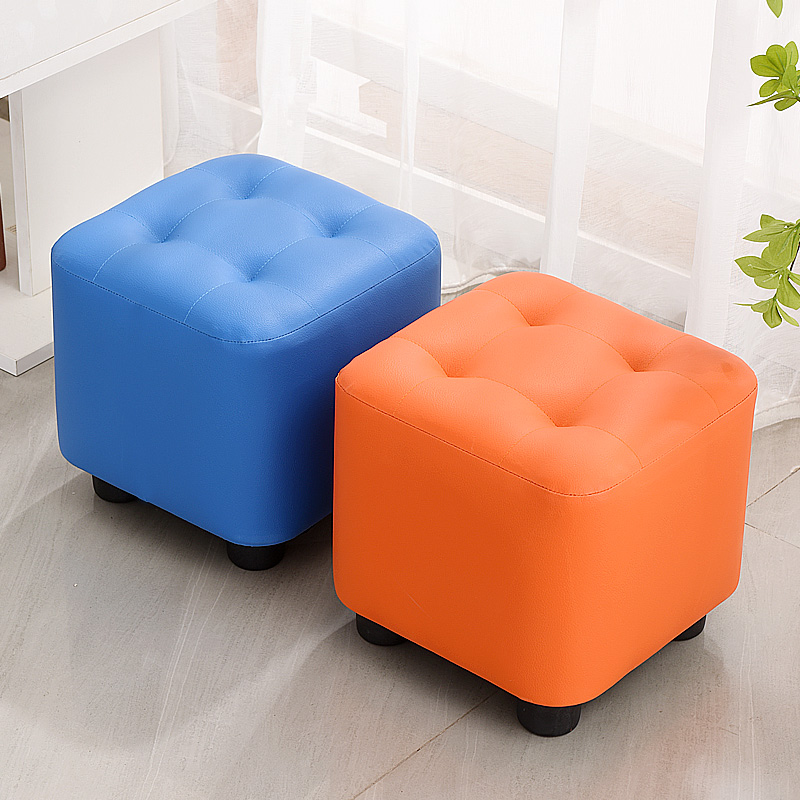Modish Square Solid Colour Standard Ottoman in Pleather with Blue/Auburn/Tangerine Colour and Button-tufted Finish