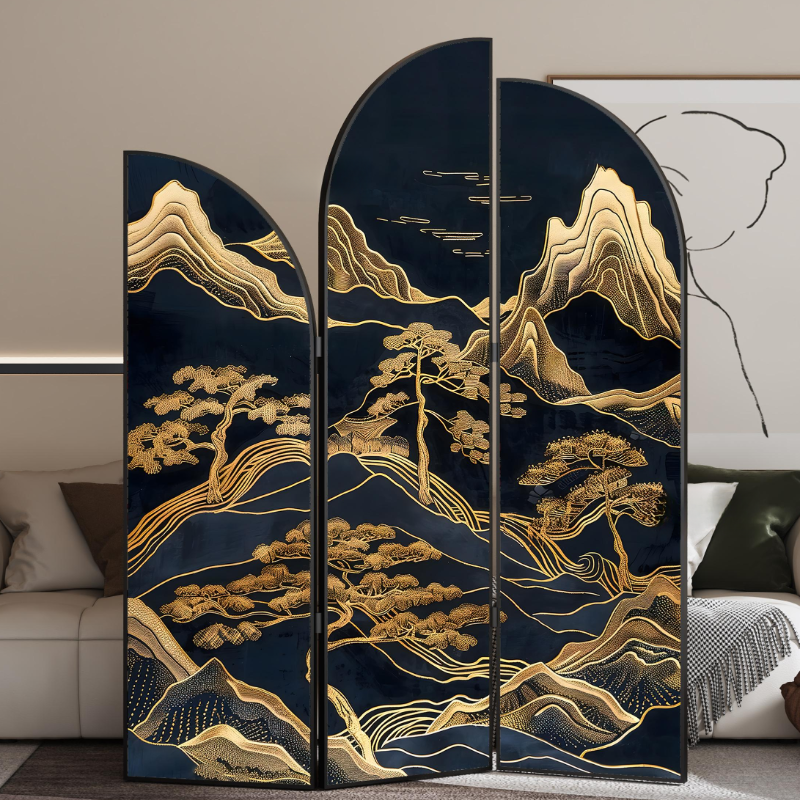 Room Partition Wall in Black with Opaque Light Filtration, Single Panel/Collapsible Metal Frame, Double Sided Print, Standalone