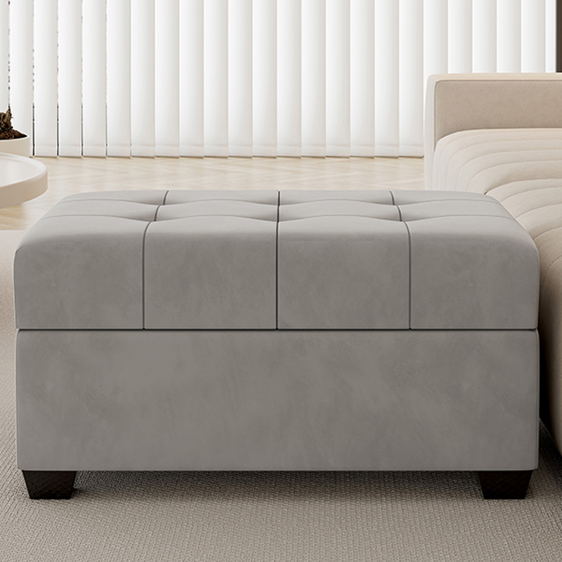 Modern Simple Style Rectangular Solid Colour Storage Ottoman with Velvet Upholstery in Light Gray/Camel, Featuring a Container and Button-tufted Design