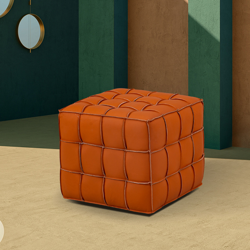 Modish Square Solid Colour Standard Ottoman in Genuine Leather with Tangerine Colour and Button-tufted Finish