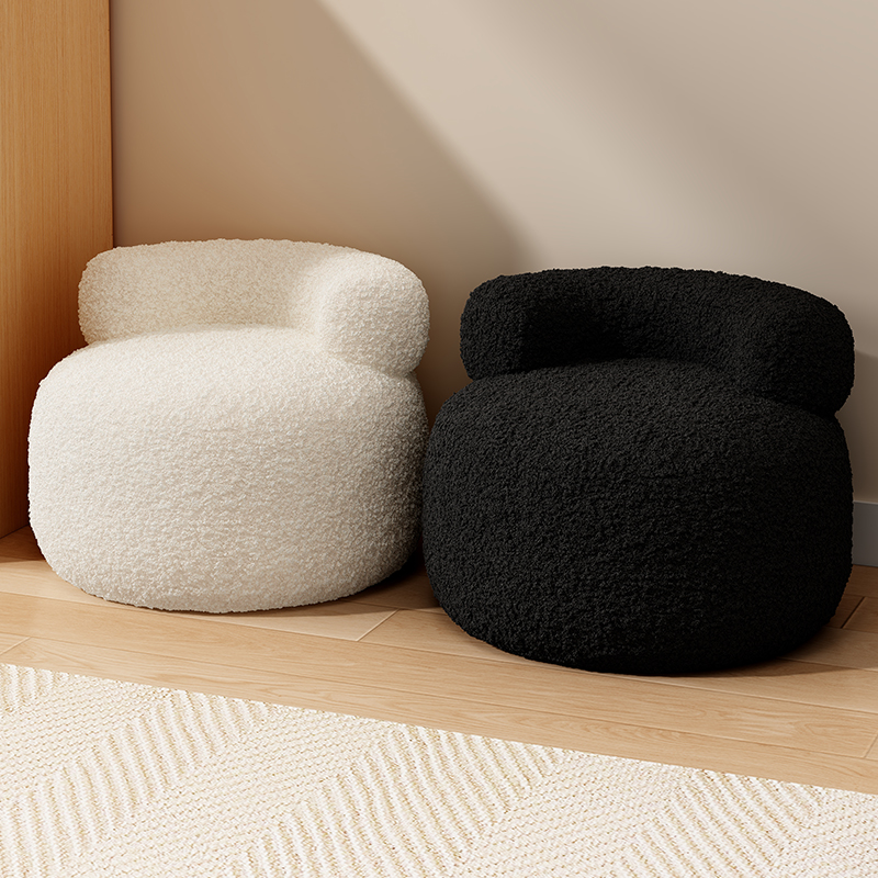 Modish Rounded Solid Colour Standard Ottoman in Sherpa with Midnight Black/Gray/Rose Upholstery