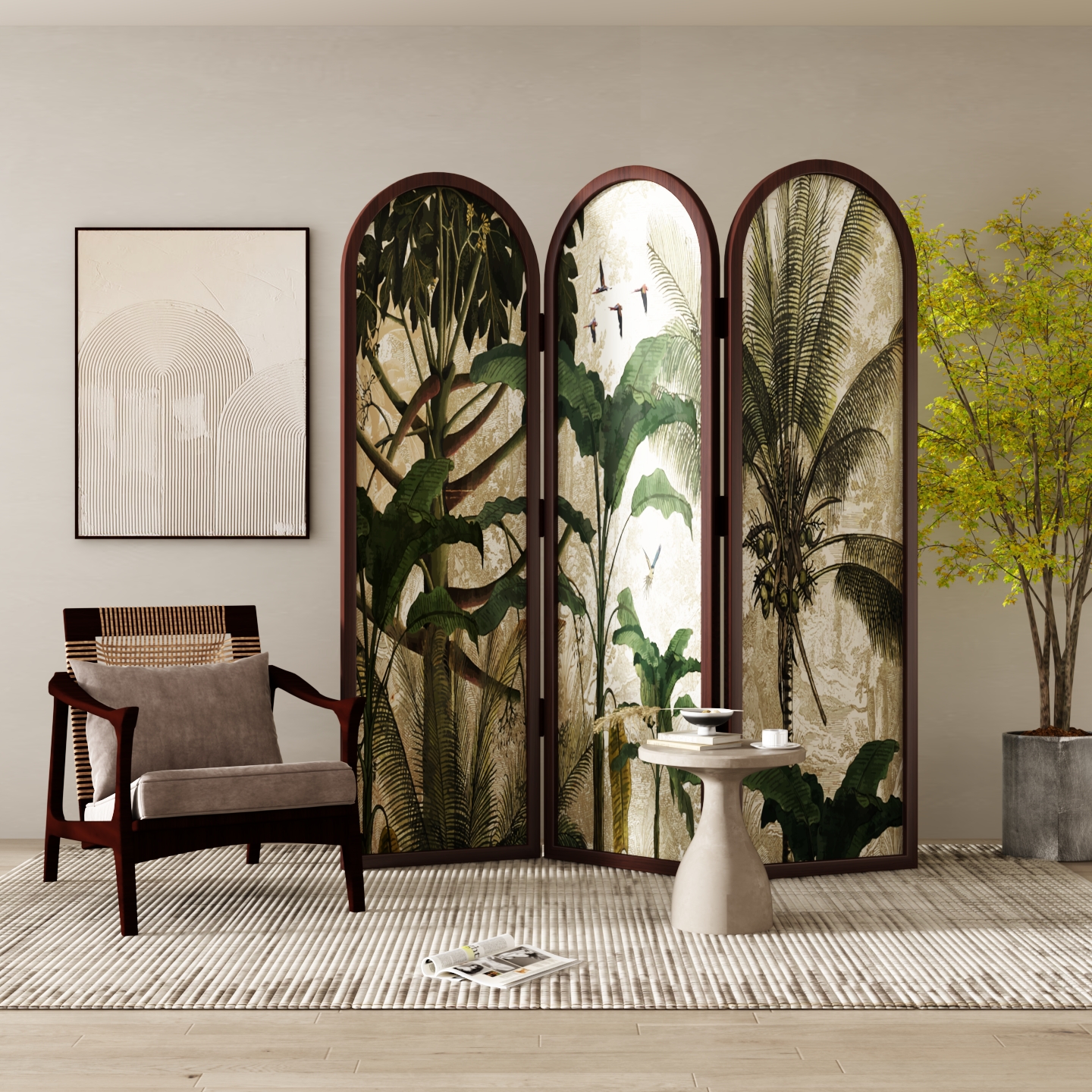 Cocoa Opaque Collapsible Pine Room Partition Wall with Double Sided Print and Standalone Design in 2/3/4 Panels