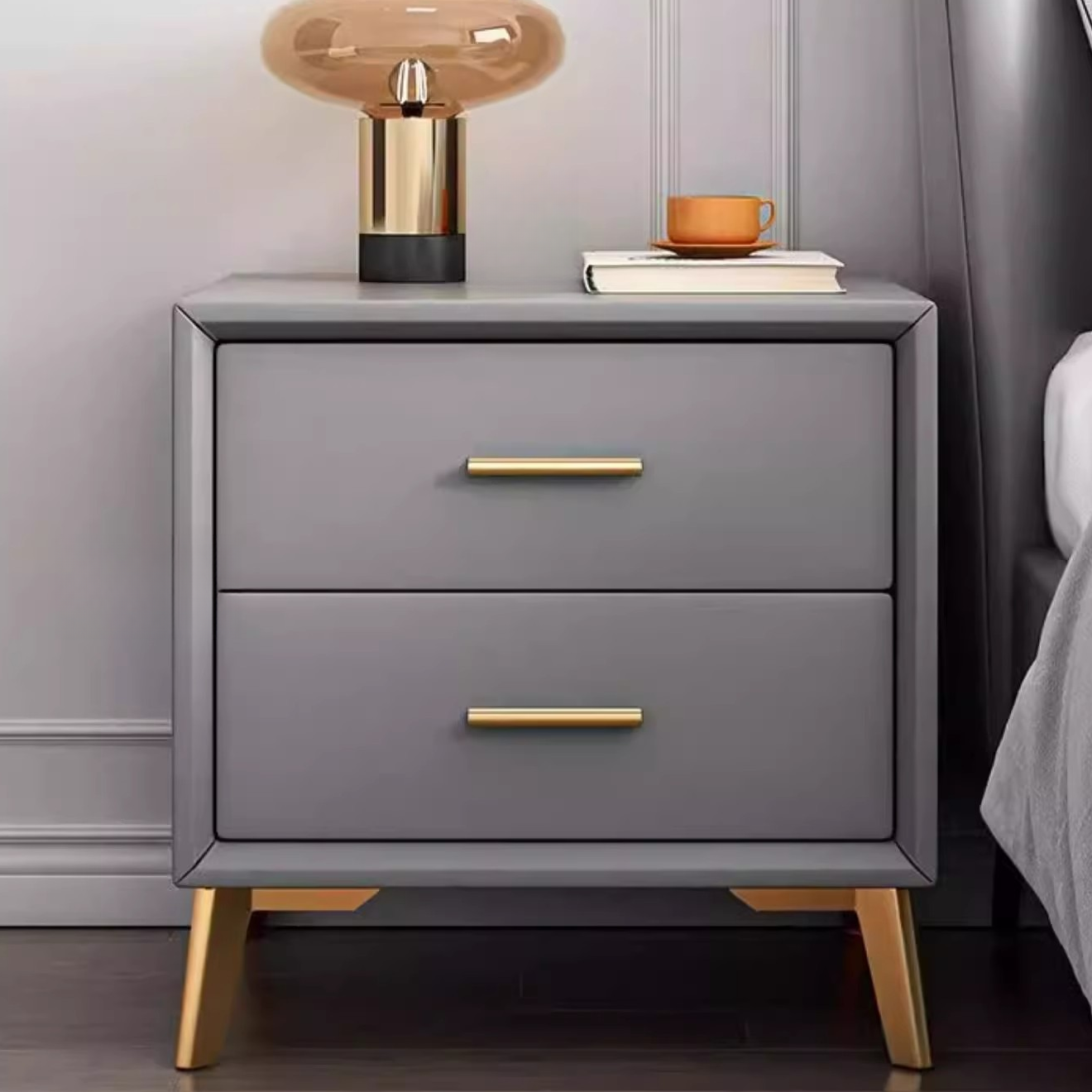 Modish 2 Drawers Artificial Leather Drawer Storage Bedside Table with Leg