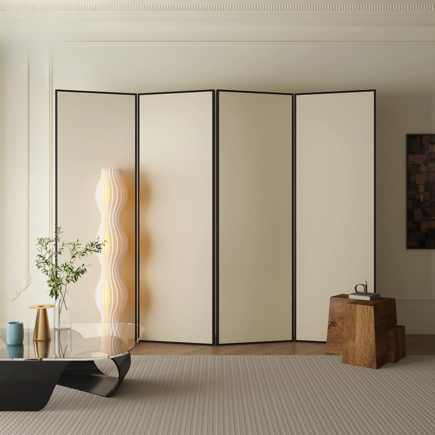 Ivory Simplistic Opaque Collapsible Room Partition Wall with Lumber Frame, Available in 5/4 Panels, Standalone