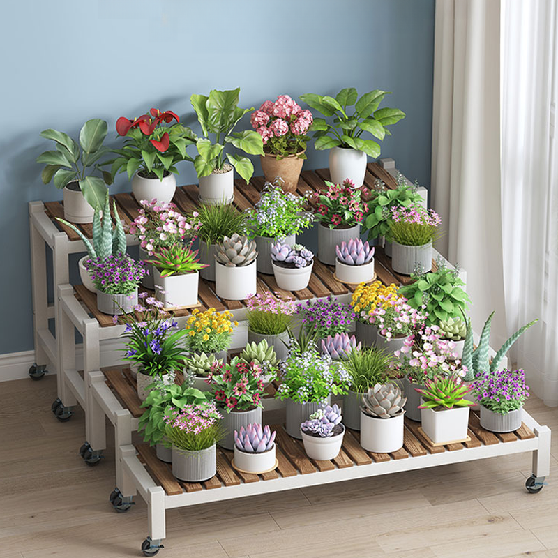 Rectangle Plant Holder with Engineered Wood Top and Roller Wheels