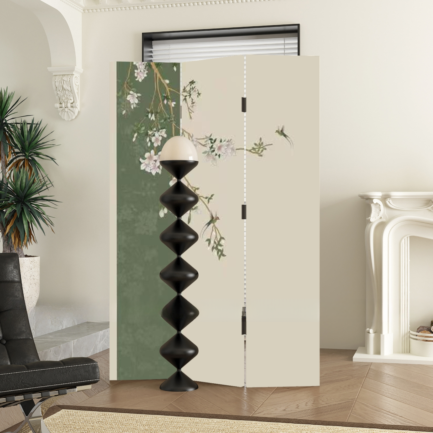 Ivory Opaque Collapsible Room Partition Wall with Lumber Frame, Available in 3/5/4 Panels, Double Sided Print, Standalone