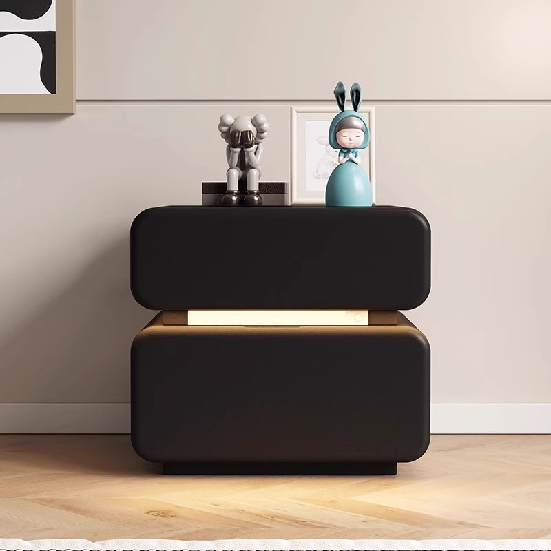 Modish Natural Wood Drawer Storage Bedside Table with Illuminating Feature