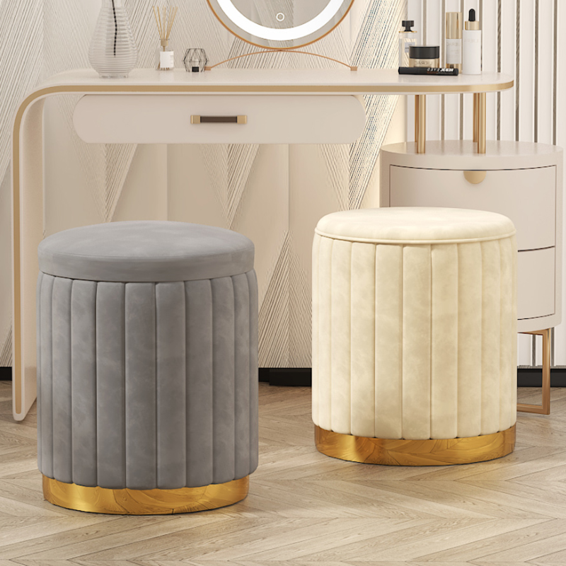 Casual Rounded Solid Colour Storage Ottoman with Flannel Upholstery in Blue/Green/Beige and Built-in Storage