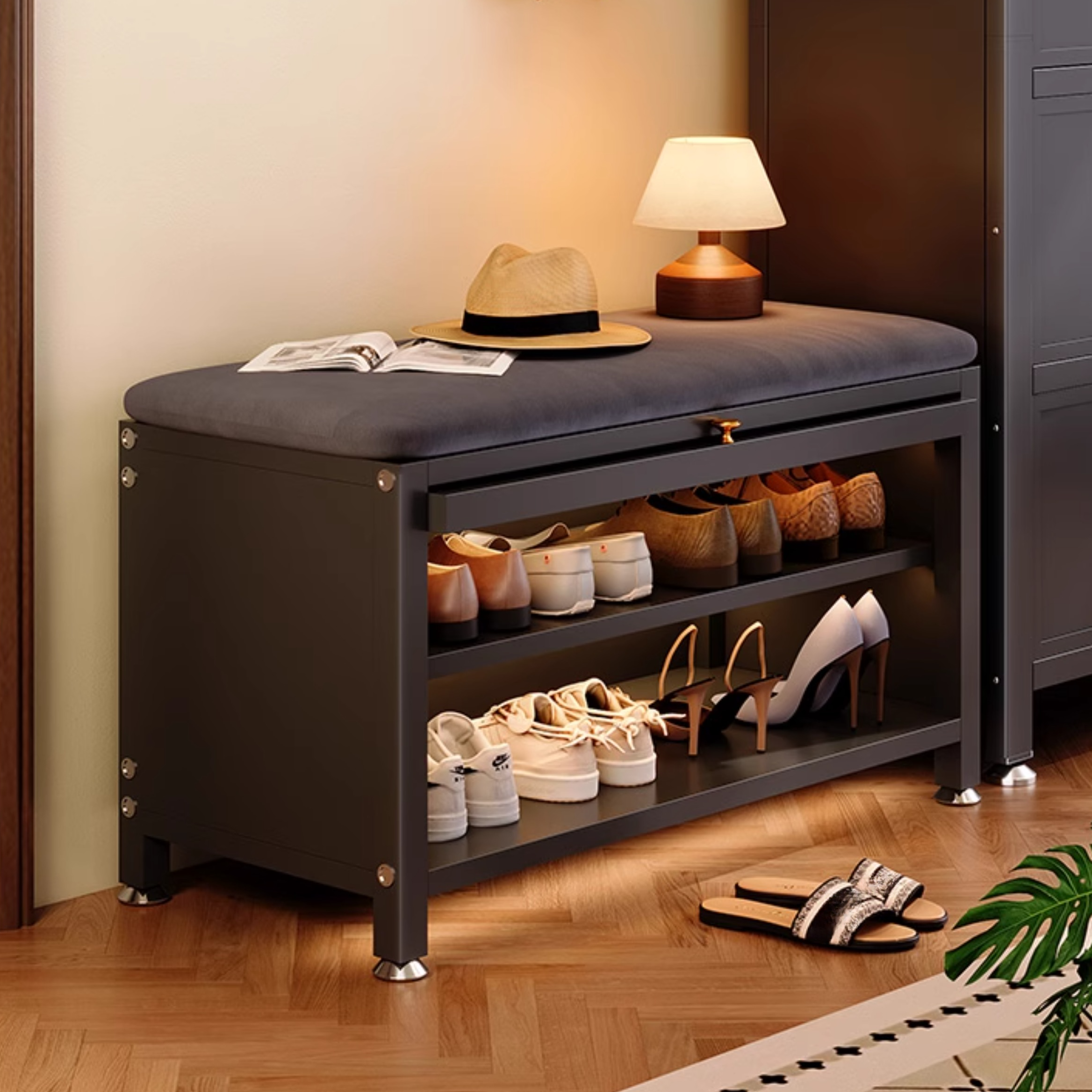 Casual Rectangular Animal Print Storage Ottoman in Midnight Black Flannel with Nailhead Detailing