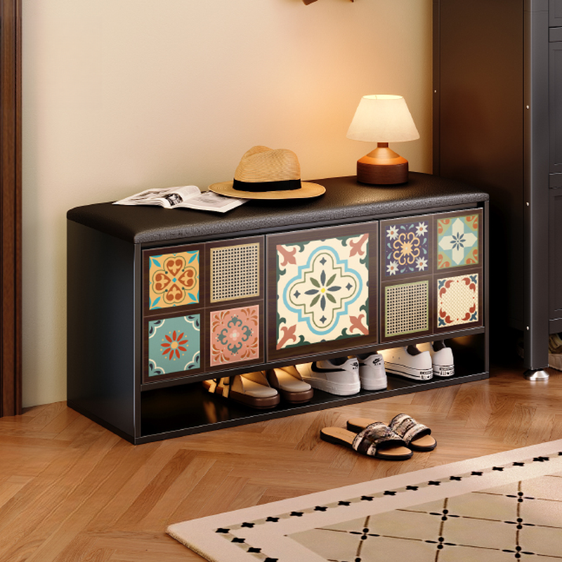 Casual Rectangular Animal Print/Abstract Storage Ottoman in Artificial Leather with Midnight Black and Storage