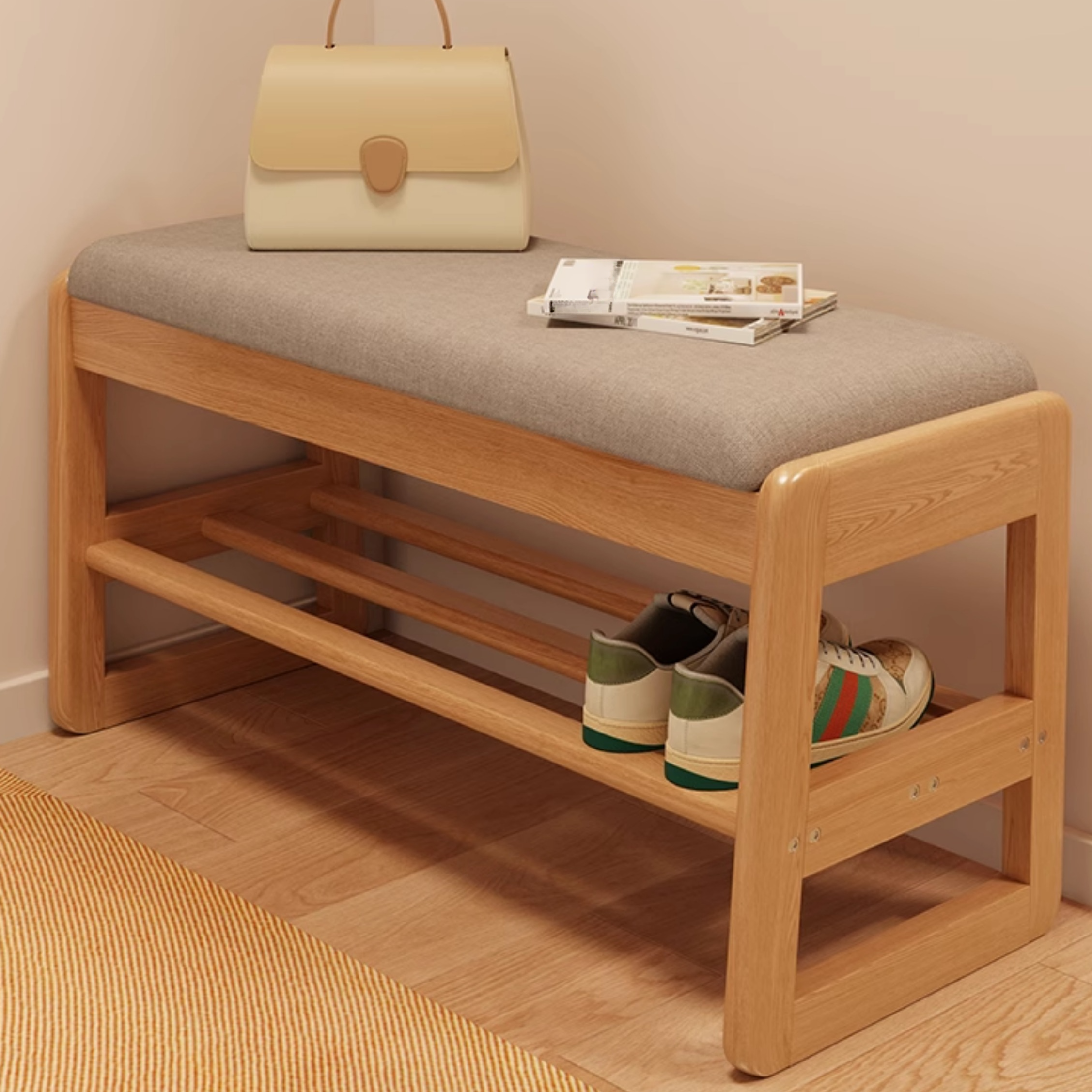 Casual Rectangular Solid Colour Storage Ottoman in Light Gray with Timber Frame